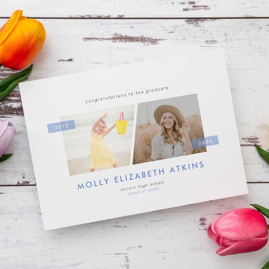 Dusty Blue Dann und Jetzt Zwei Foto Abschluss Ankündigung