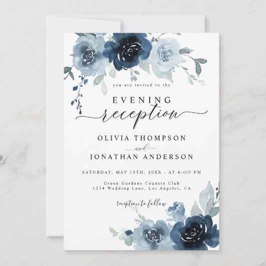 Dusty Blue Dark Navy Floral Watercolor Wedding Einladung (Vorderseite)