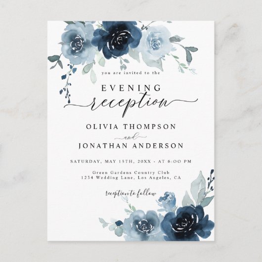 Dusty Blue Dark Navy Floral Wedding Einladung Postkarte (Vorderseite)