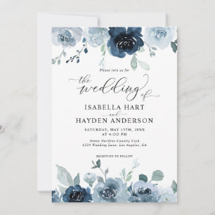 Dusty Blue Dark Navy Slate Floral Pastel Hochzeit Einladung