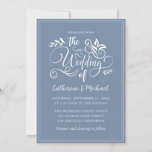 Dusty Blue Decorative Wedding Calligraphy Einladung (Vorderseite)