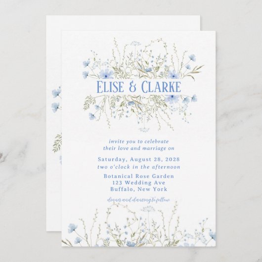 Dusty Blue Delicate Wildblume Hochzeit Einladung (Vorne/Hinten)