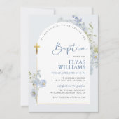 Dusty Blue Delphinium Floral Arched Boy Baptisse Einladung (Vorderseite)