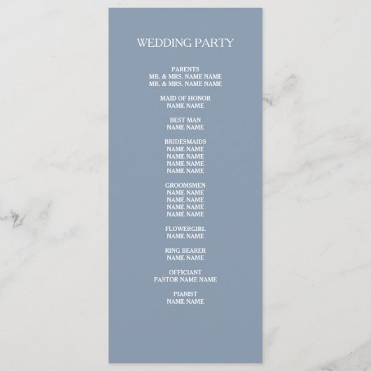 Dusty Blue Designer Skript Custom Wedding Programm (Rückseite)