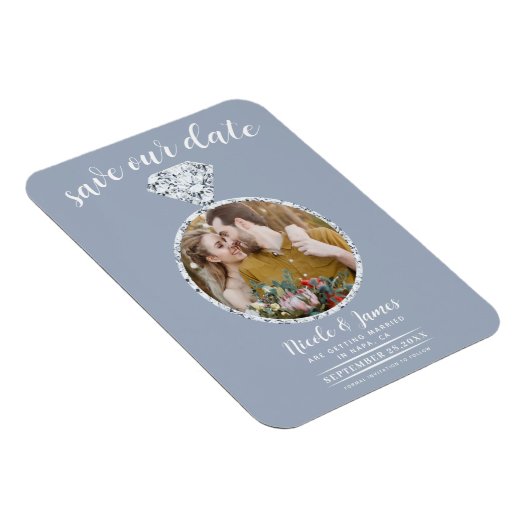 Dusty Blue Diamond Ring Bling Foto Save the Date Magnet (Rechte Seite)
