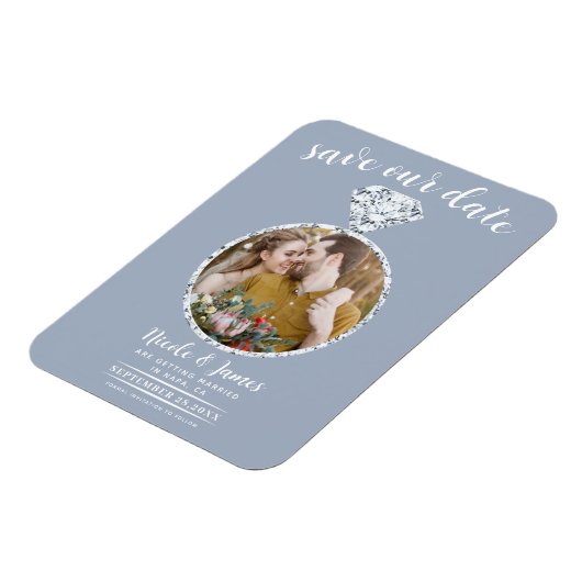 Dusty Blue Diamond Ring Bling Foto Save the Date Magnet (Linke Seite)