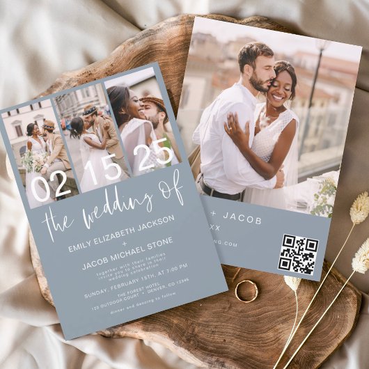 Dusty Blue Die Hochzeit von Foto QR-Code Minimalis Einladung