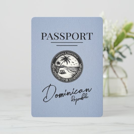 Dusty Blue Dominican Republic Passport Save The Date (Stehend Vorderseite)