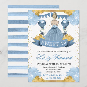 Dusty Blue Dress Blonde Princess Sweet 16 Einladung