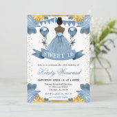 Dusty Blue Dress Dark Skin Princess Sweet 16 Einladung (Stehend Vorderseite)