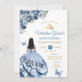 Dusty Blue Dress Quinceañera 15 Anos Blume Gold Einladung