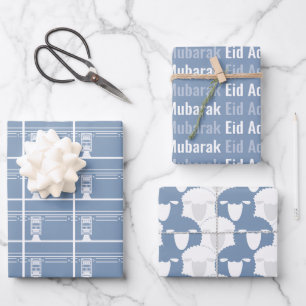 Dusty Blue Eid Adha Mubarak Kaaba Sheep Pattern Geschenkpapier Set