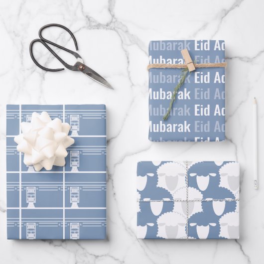 Dusty Blue Eid Adha Mubarak Kaaba Sheep Pattern Geschenkpapier Set (Vorderseite)