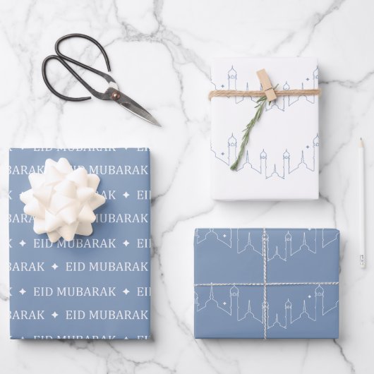 Dusty Blue Eid Mubarak Masjid Muster Design Geschenkpapier Set (Vorderseite)