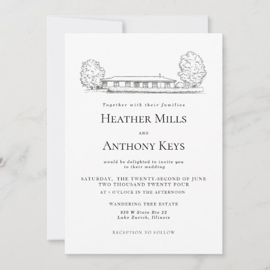 Dusty Blue Einladung mit Skizze des Ortes (Vorderseite)