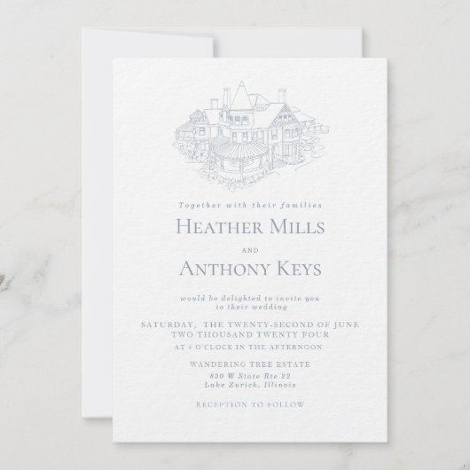 Dusty Blue Einladung mit Skizze des Ortes (Vorderseite)