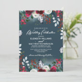 Dusty Blue | Einladung von Burgundy Red Bloom Wedd (Stehend Vorderseite)