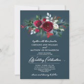 Dusty Blue | Einladung von Burgundy Red Bloom Wedd (Vorderseite)