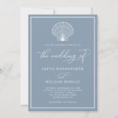 Dusty Blue Elegant Beach Seashell Wedding Einladung (Vorderseite)