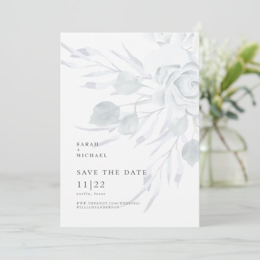 Dusty Blue Elegant Blumenhochzeit rettet das Datum Save The Date (Stehend Vorderseite)