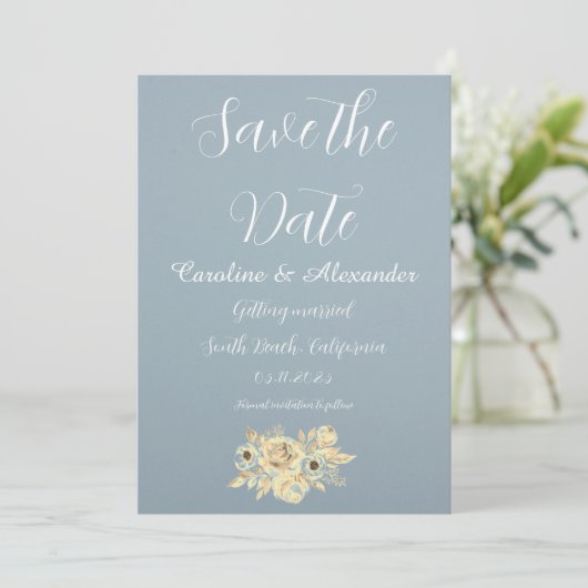 Dusty Blue Elegant Boho Einfache Extravagante Hoch Save The Date (Stehend Vorderseite)