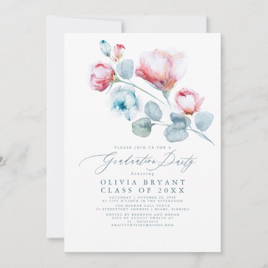 Dusty Blue Elegant Boho Floral Graduation Party Einladung (Vorderseite)