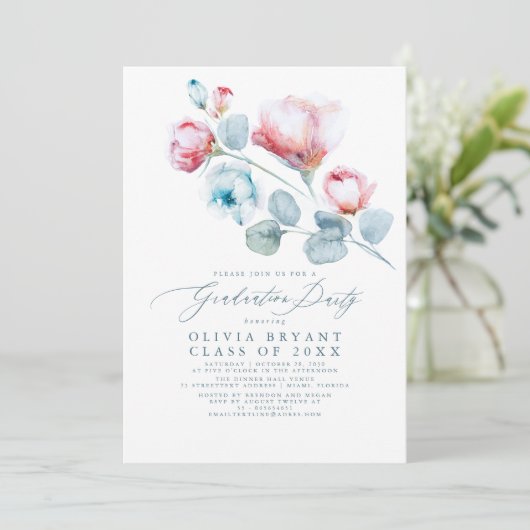 Dusty Blue Elegant Boho Floral Graduation Party Einladung (Stehend Vorderseite)