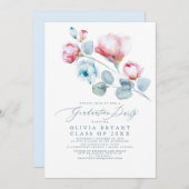 Dusty Blue Elegant Boho Floral Graduation Party Einladung (Vorne/Hinten)