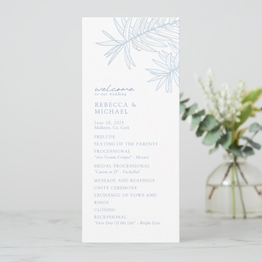 Dusty Blue Elegant Botanical Wedding Program (Stehend Vorderseite)