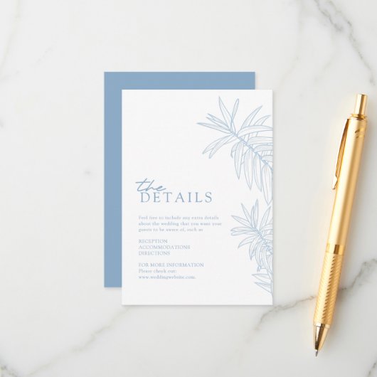 Dusty Blue Elegant Botanische Blätter Details Begleitkarte (Vorderseite/Rückseite Beispiel)