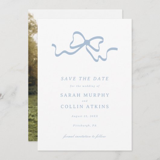 Dusty Blue Elegant Bow Save the Date Einladung (Vorne/Hinten)