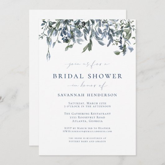 Dusty Blue Elegant Brautparty Einladung (Vorne/Hinten)