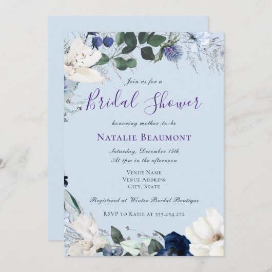 Dusty Blue Elegant Brautparty Einladung (Vorne/Hinten)