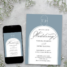 Dusty Blue Elegant Calligraphy Mit Monogramm Weddi Einladung