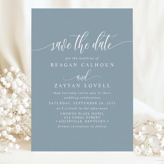 Dusty Blue Elegant Calligraphy Save the Date