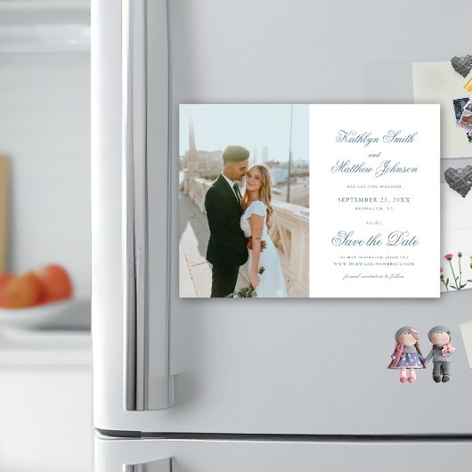 Dusty Blue Elegant Calligraphy Save the Date Magneteinladung