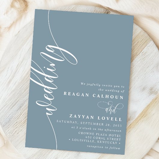Dusty Blue Elegant Calligraphy Script Wedding Einladung