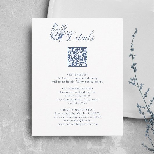 Dusty Blue Elegant Calligraphy Wedding Details Begleitkarte
