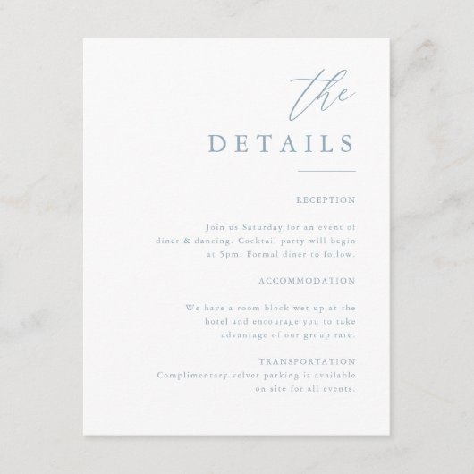 Dusty Blue Elegant Calligraphy Wedding Details Begleitkarte (Vorderseite)