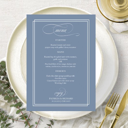 Dusty Blue Elegant Calligraphy Wedding Menu Menükarte