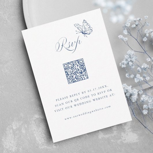 Dusty Blue Elegant Calligraphy Wedding QR Code RSVP Karte