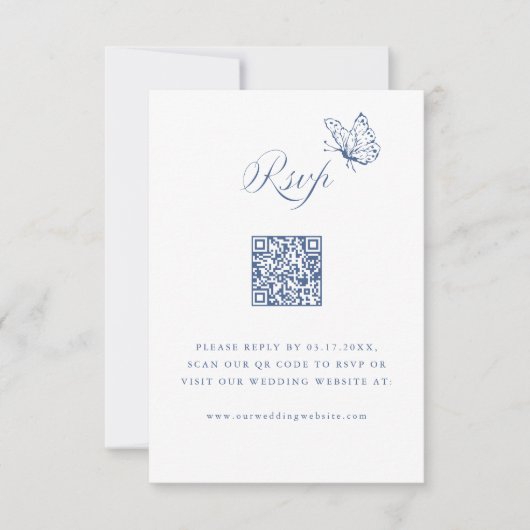 Dusty Blue Elegant Calligraphy Wedding QR Code RSVP Karte (Vorderseite)