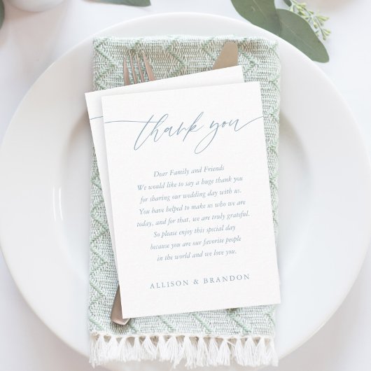 Dusty Blue Elegant Calligraphy Wedding Vielen Dank Platzkarte