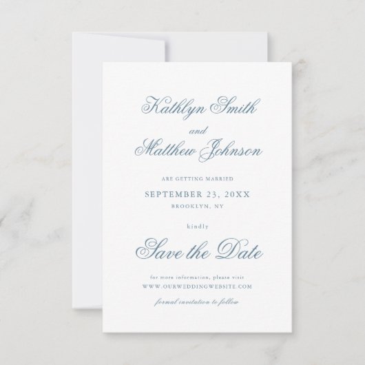 Dusty Blue Elegant Classic Calligraphy Wedding Save The Date (Vorderseite)