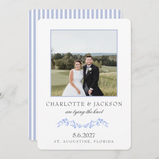 Dusty Blue Elegant Classic Floral mit Foto Save The Date (Vorne/Hinten)