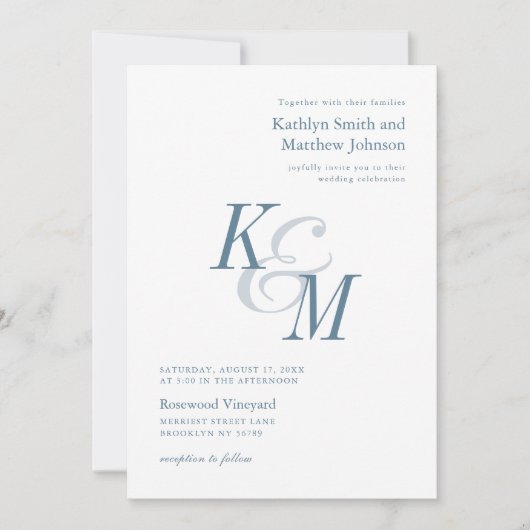 Dusty Blue Elegant Classic Monogram Wedding Einladung (Vorderseite)