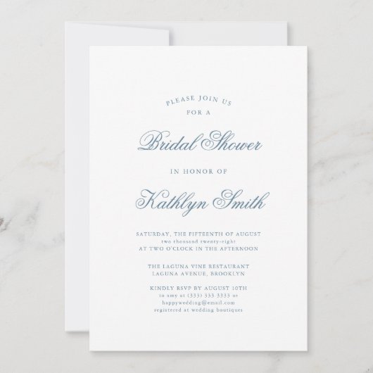 Dusty Blue Elegant Classic Script Brautparty Einladung (Vorderseite)