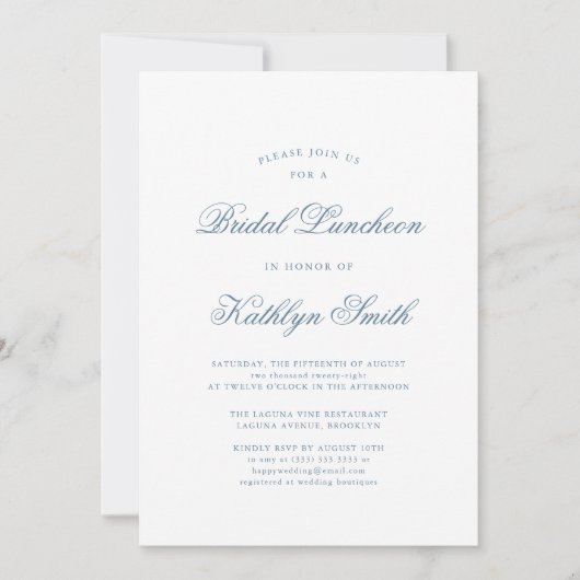 Dusty Blue Elegant Classic Script Bridal Luncheon Einladung (Vorderseite)