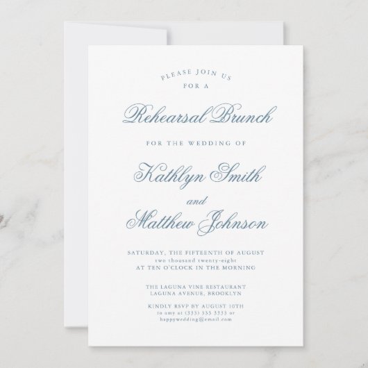 Dusty Blue Elegant Classic Script Probe Brunch Einladung (Vorderseite)