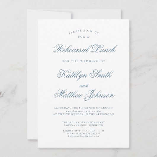 Dusty Blue Elegant Classic Script Probe Lunch Einladung (Vorderseite)